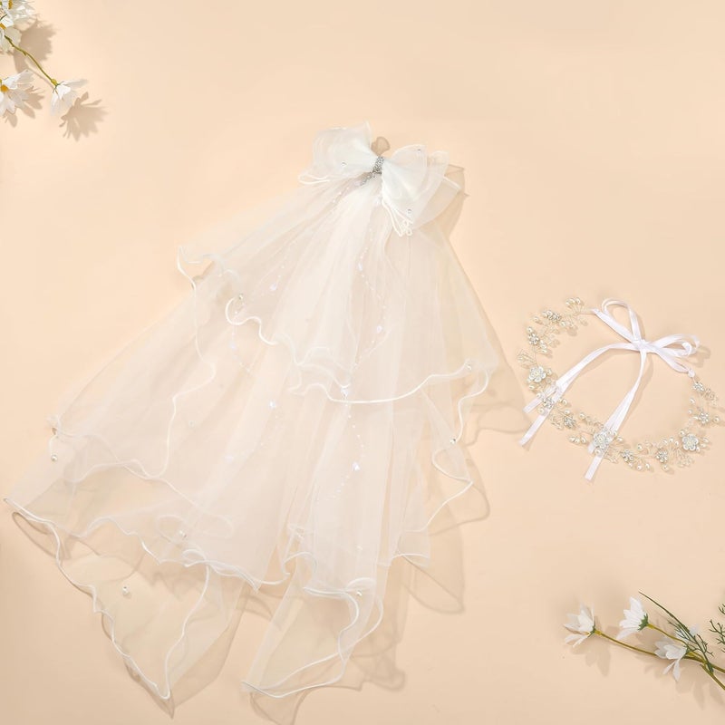 VULETO First Communion Veil Gifts for Girls Catholic White Bow Veil and Headpiece Accessories Set 1st Communion Easter Dress - Image 5